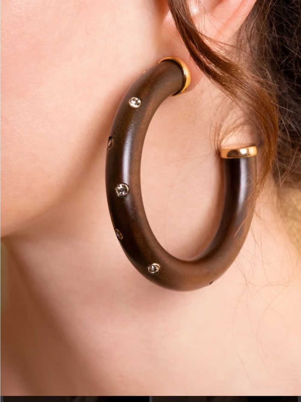 Plunder Dark Brown Wood Hoop Earrings with Gold Accents and Crystals